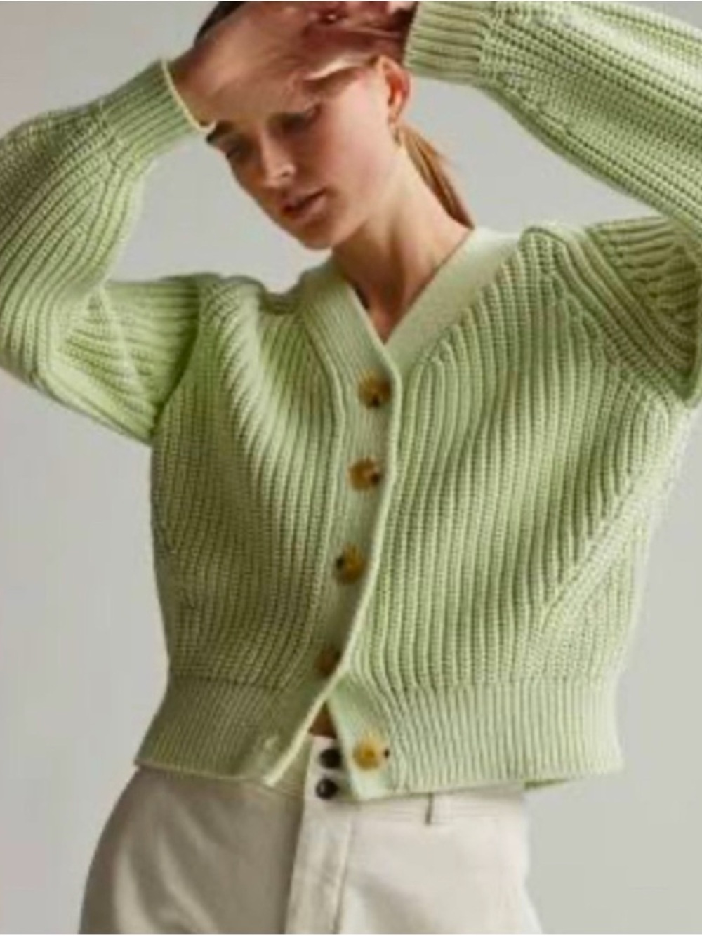 Everlane Pastel Green Chunky Ribbed V‑Neck Button Cardigan